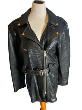 Albert Duke Vintage Women’s Black Leather Aviator Moto Belted Jacket Size Medium